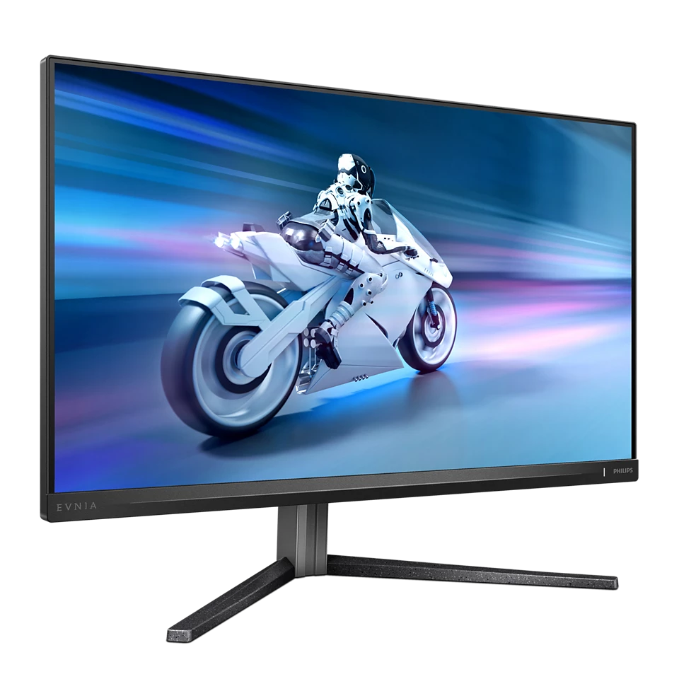 Egy számítógép monitor egy futurisztikus motorkerékpárt jelenít meg. A monitor fekete, ezüst állvánnyal, fekete háttéren.