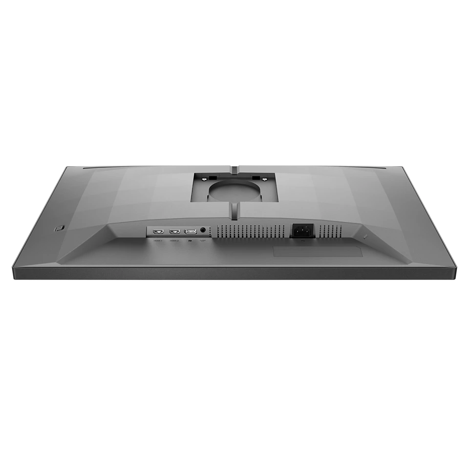 Egy szürke számítógép-monitor hátulja látható. HDMI-, USB- és tápcsatlakozói vannak. Egy állvány rögzítés is látható.