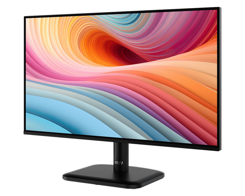 Egy fekete számítógép monitor színes, absztrakt dizájnt jelenít meg. A monitor fekete állványon, fekete háttér előtt áll.