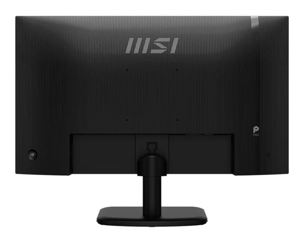 Egy fekete MSI monitor hátulja. MSI logó, állvány és portok. A felületen függőleges vonalak láthatók.