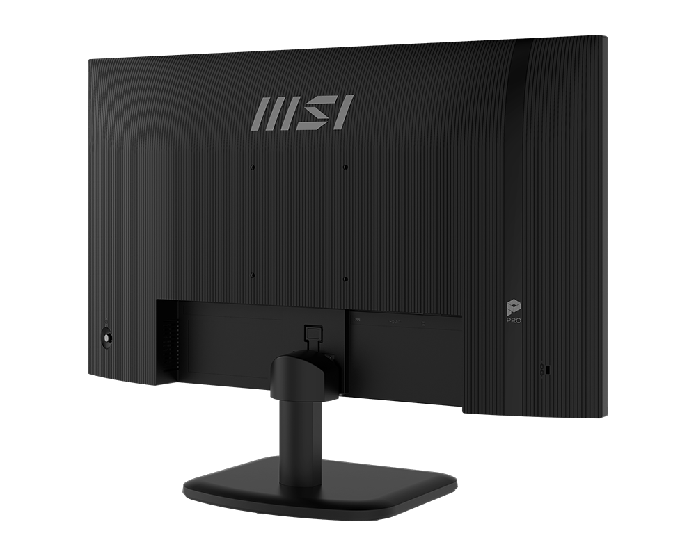 Egy fekete számítógép monitor hátulnézete. Látható az MSI logója. A monitor fekete állványon, fekete háttér előtt van.