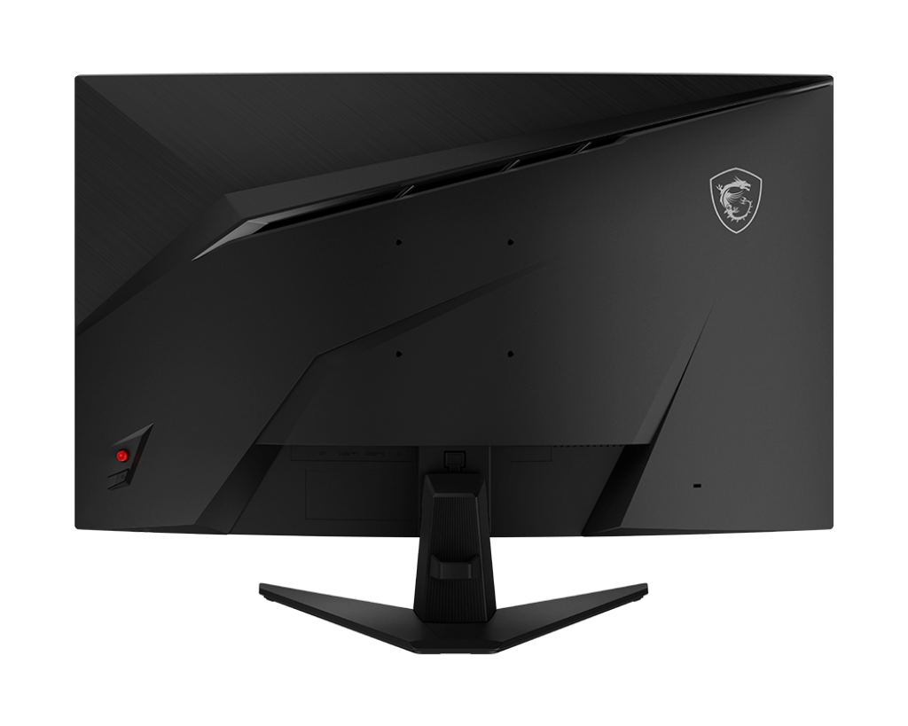 Fekete MSI monitor hátulja. Jellemzők: állvány, logó, portok. Piros bekapcsológomb oldalt. Karcsú, szögletes design.