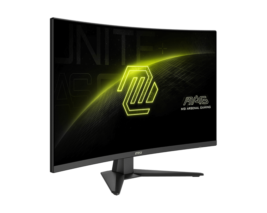 Ívelt MSI MAG gamer monitor. A képernyő logót és szöveget jelenít meg fekete háttéren, neon zöld kiemeléssel. A talp fekete.