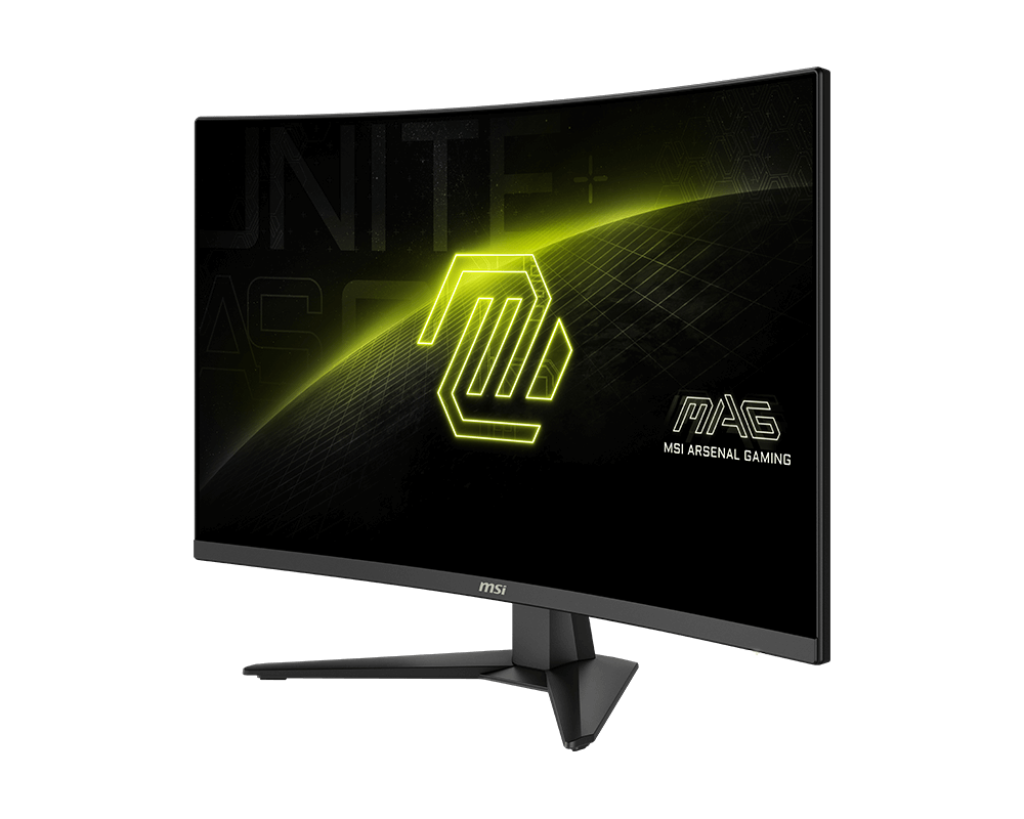Egy ívelt MSI gaming monitor logót és szöveget jelenít meg fekete képernyőn. Fekete állványa és sötét háttere van.