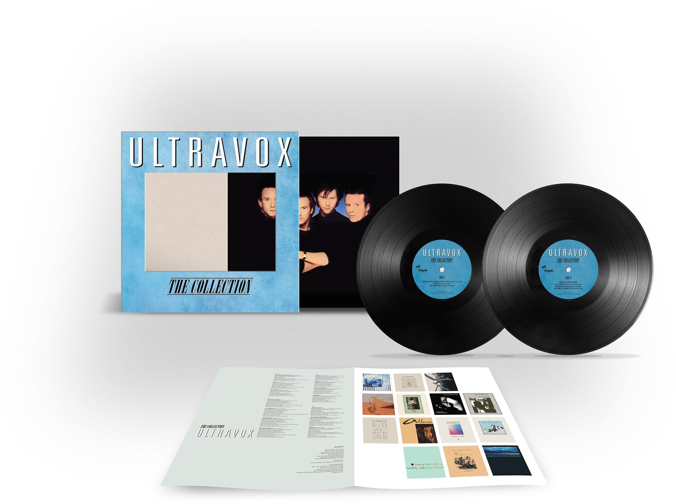 Ultravox album borító. A zenekar tagjait, az album grafikáját és két bakelit lemezt ábrázol. Tartalmaz egy füzetet a dalok címeivel és borítókkal.