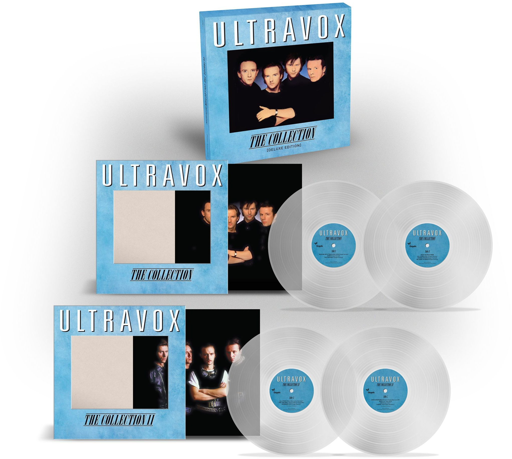 Ultravox albumborítók és bakelit lemezek. A The Collection és a The Collection II látható, a zenekar tagjainak fotóival.