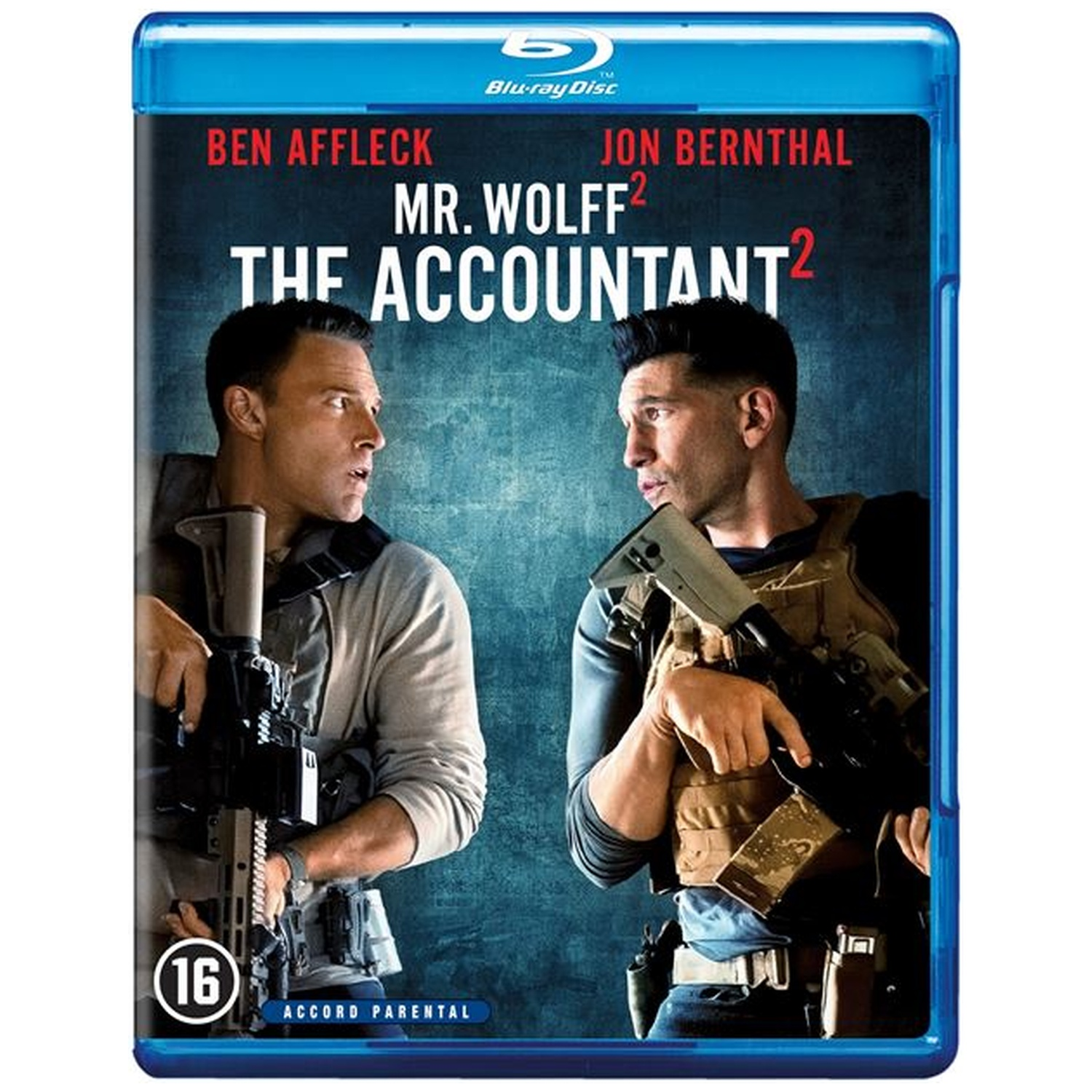 Couverture Blu-ray de The Accountant. Ben Affleck et Jon Bernthal avec des armes. Titre et noms des acteurs en évidence.