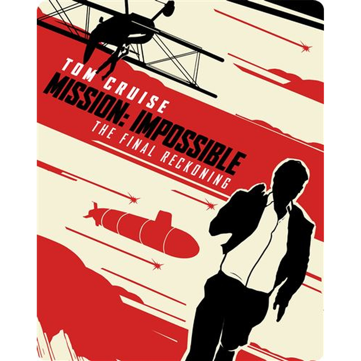 Poster for Mission: Impossible. Tom Cruise's silhouette against a red and beige background. A submarine, and a plane are visible.