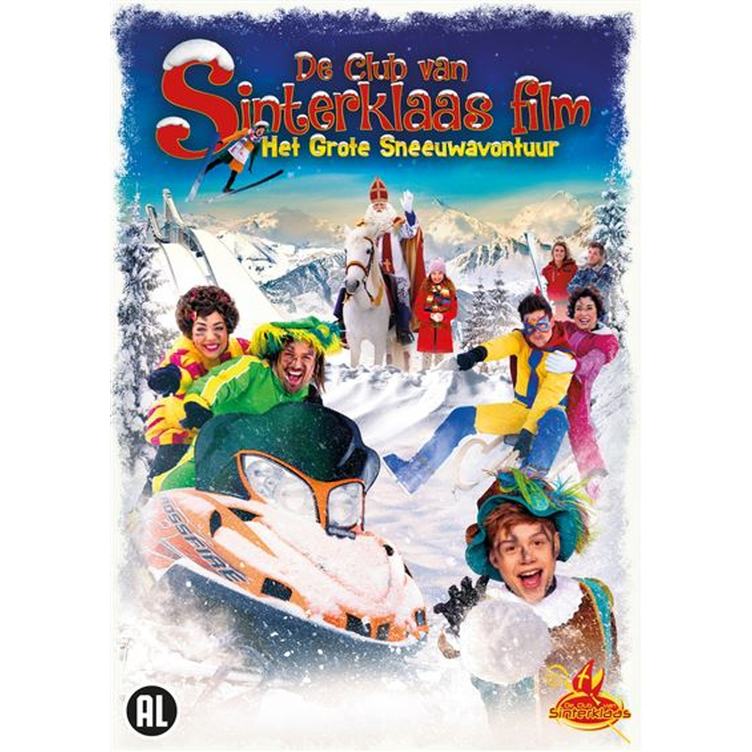 Filmposter: Sinterklaas film. Mensen in winterkleding, een sneeuwscooter, Sinterklaas op een paard, skiërs en sneeuw. Feestelijk.