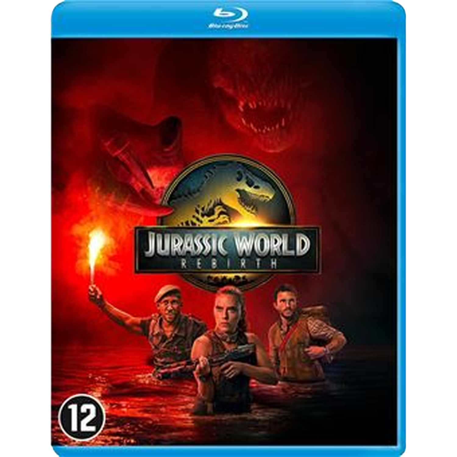 Een Blu-ray hoes voor Jurassic World Rebirth. Het toont drie mensen in water, een dinosaurus en de titel van de film.