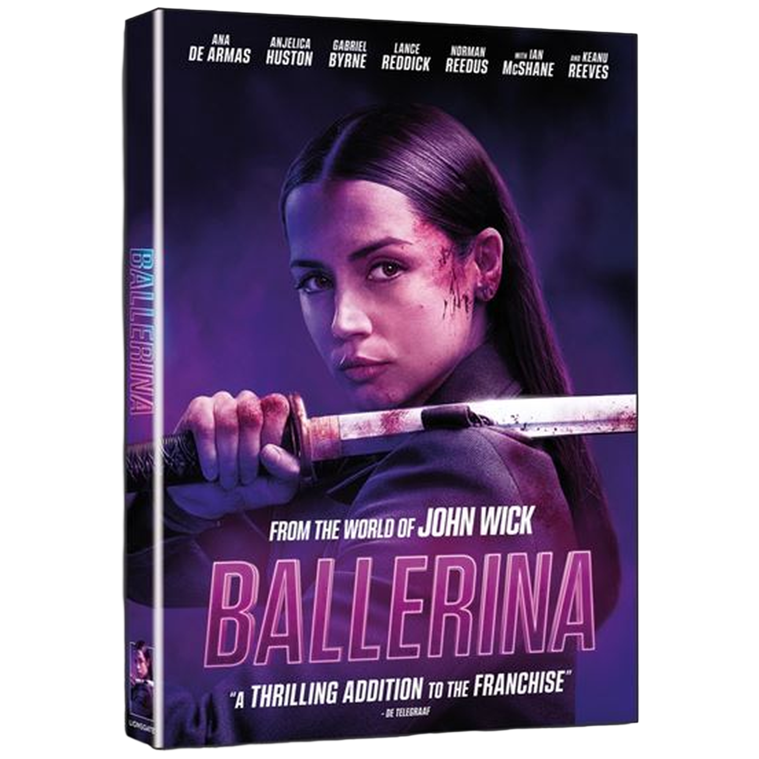 Couverture du film Ballerina. Une femme tient une épée, du sang sur le visage. Texte : Du monde de John Wick, Ballerina.