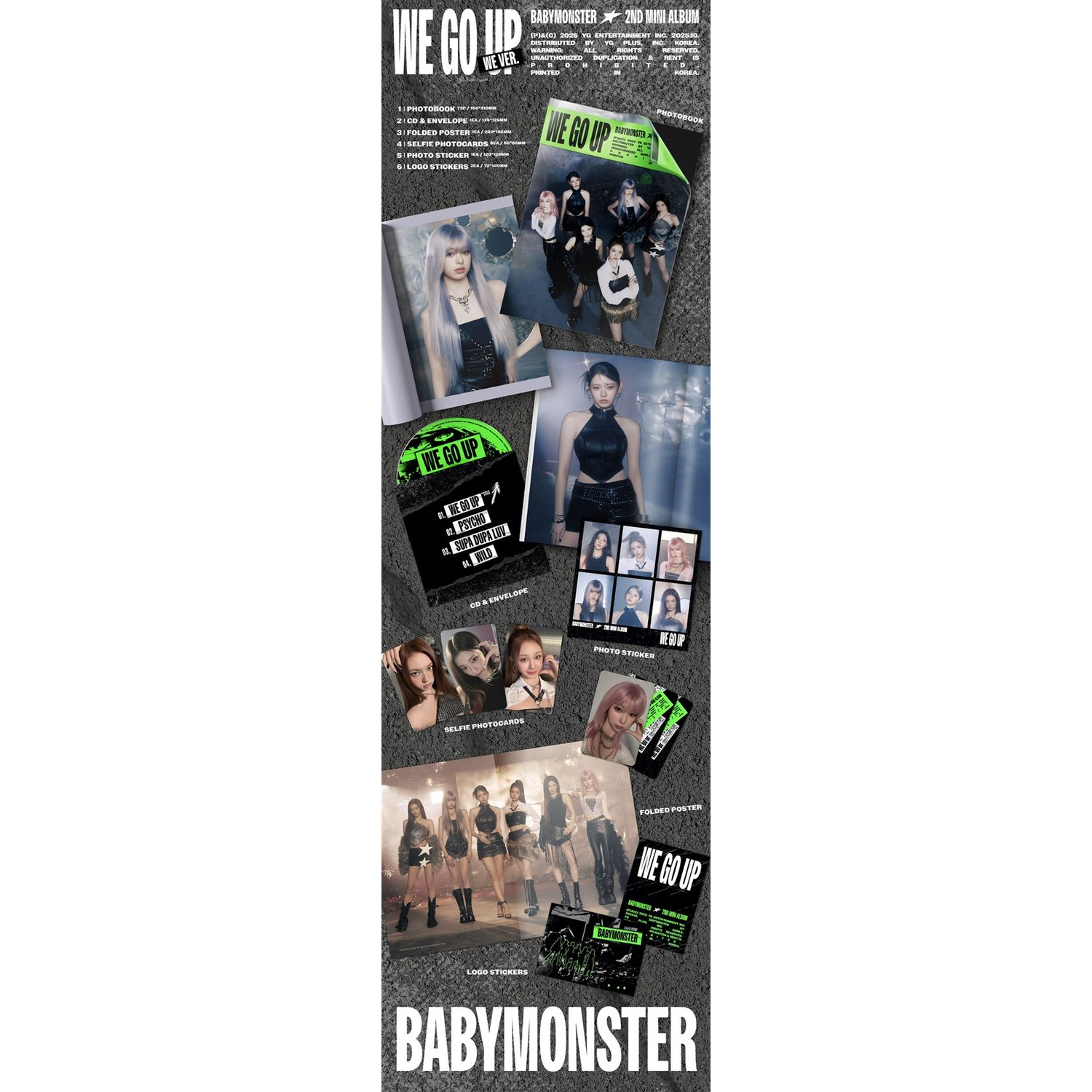 L'album de BABYMONSTER avec un photobook, un CD, une affiche, des cartes photo et des autocollants. L'album s'intitule 'WE GO UP'.