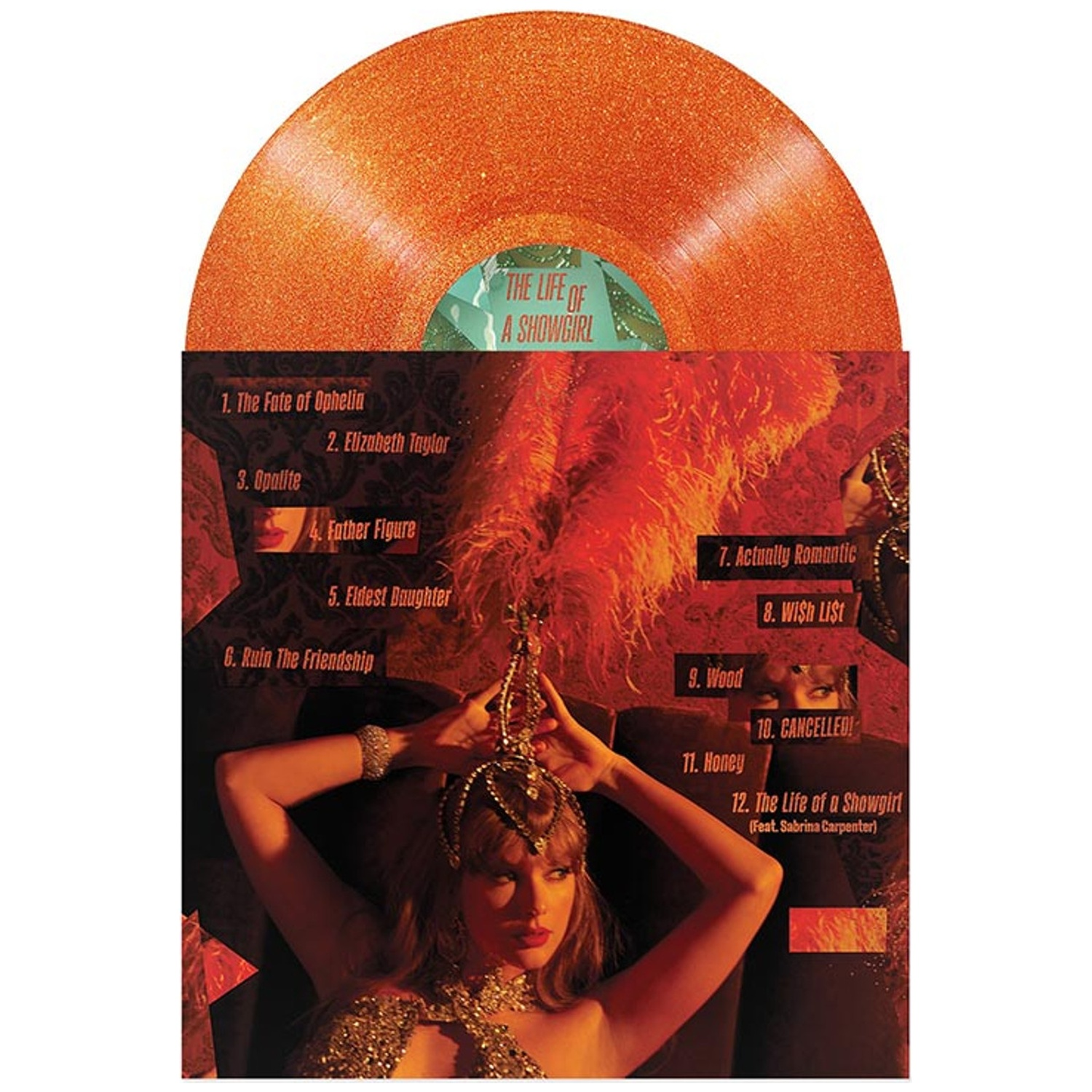 Une pochette d'album avec un vinyle orange scintillant sur le dessus. Une femme est coiffée d'une couronne et de bijoux, et la liste des titres de l'album.