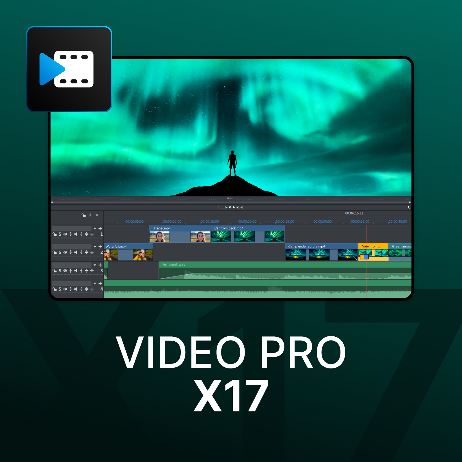 Video-Schnittstellensoftware mit Hintergrund von Nordlichtern. Eine Person steht auf einem Hügel. Softwaretitel: VIDEO PRO X17.