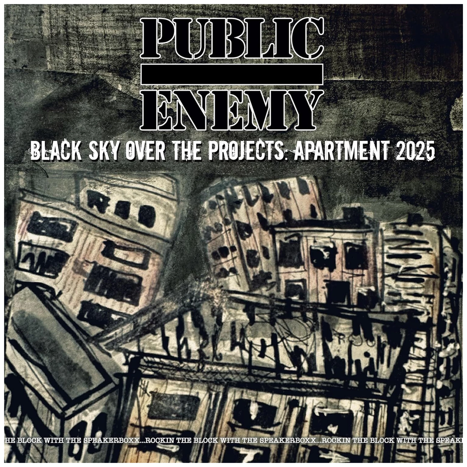 Kunstwerk getiteld 'Black Sky Over The Projects'. Het toont gebouwen met Public Enemy-tekst. Donkere, korrelige stijl met gebouwen.