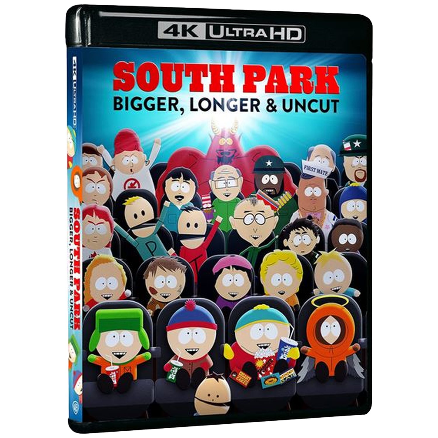DVD-hoes voor de South Park-film. Personages uit de show zitten in een theater. De titel 'Bigger, Longer & Uncut' wordt weergegeven.