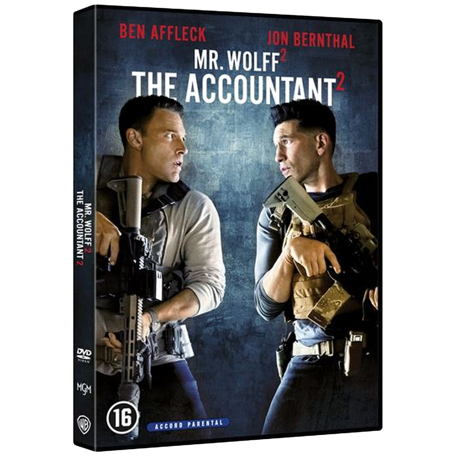 Couverture DVD de 'The Accountant 2' avec Ben Affleck et Jon Bernthal tenant des armes. Le fond est bleu foncé et la classification est 16.