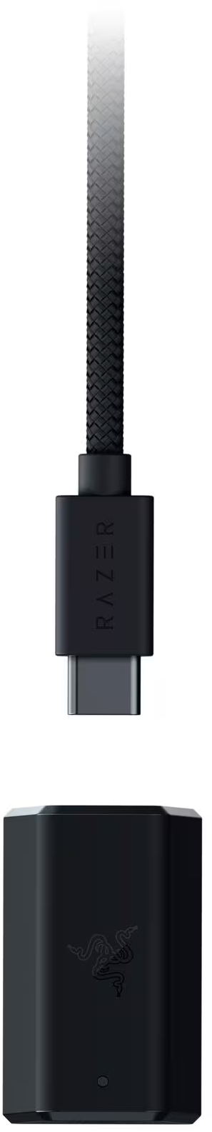 Immagine di un cavo e adattatore USB-C Razer neri. Il cavo ha un design intrecciato. L'adattatore ha il logo Razer.