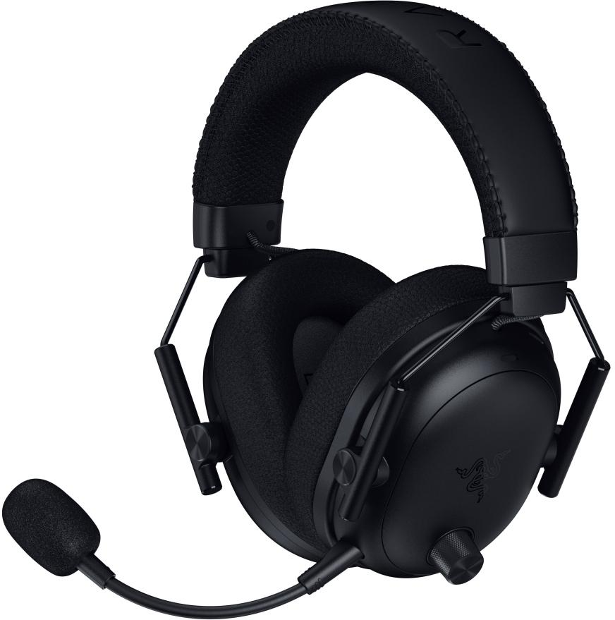 Un'auricolare da gioco Razer nera con microfono. L'auricolare ha una fascia e padiglioni imbottiti. Il microfono è sul lato sinistro.