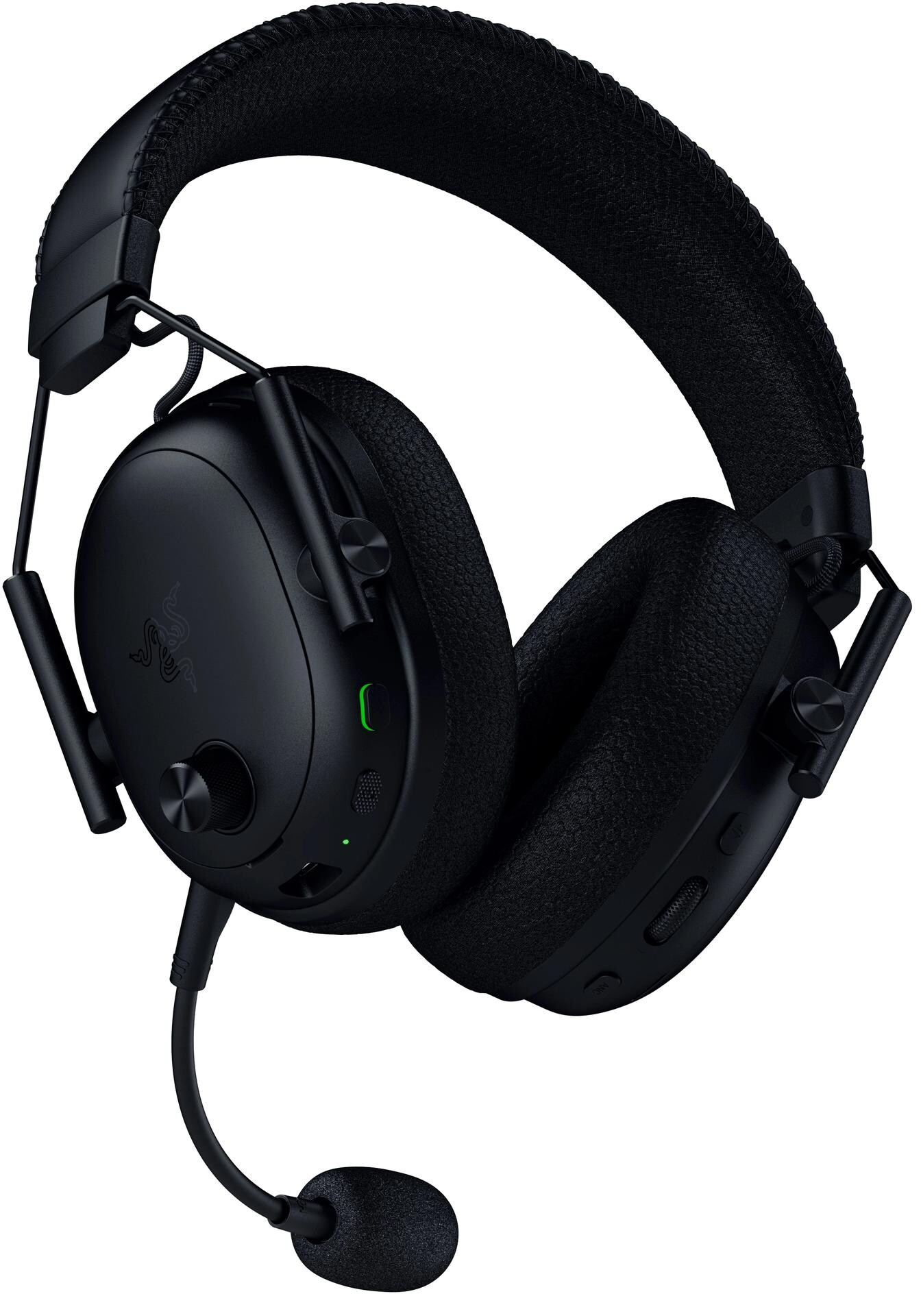 Cuffie da gioco Razer nere con microfono. Le cuffie hanno una fascia e padiglioni imbottiti. È visibile un pannello di controllo con pulsanti.