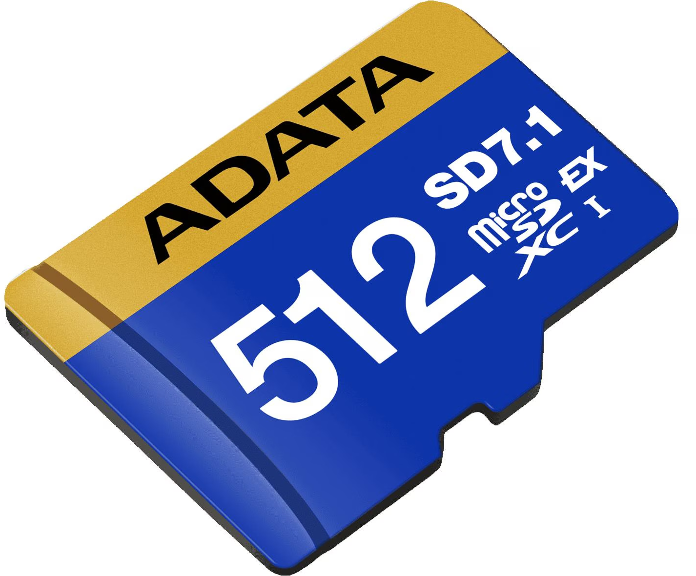 Une carte microSD ADATA bleue et dorée de 512 Go. Le texte comprend 'SD7.1 micro SD XC I'.