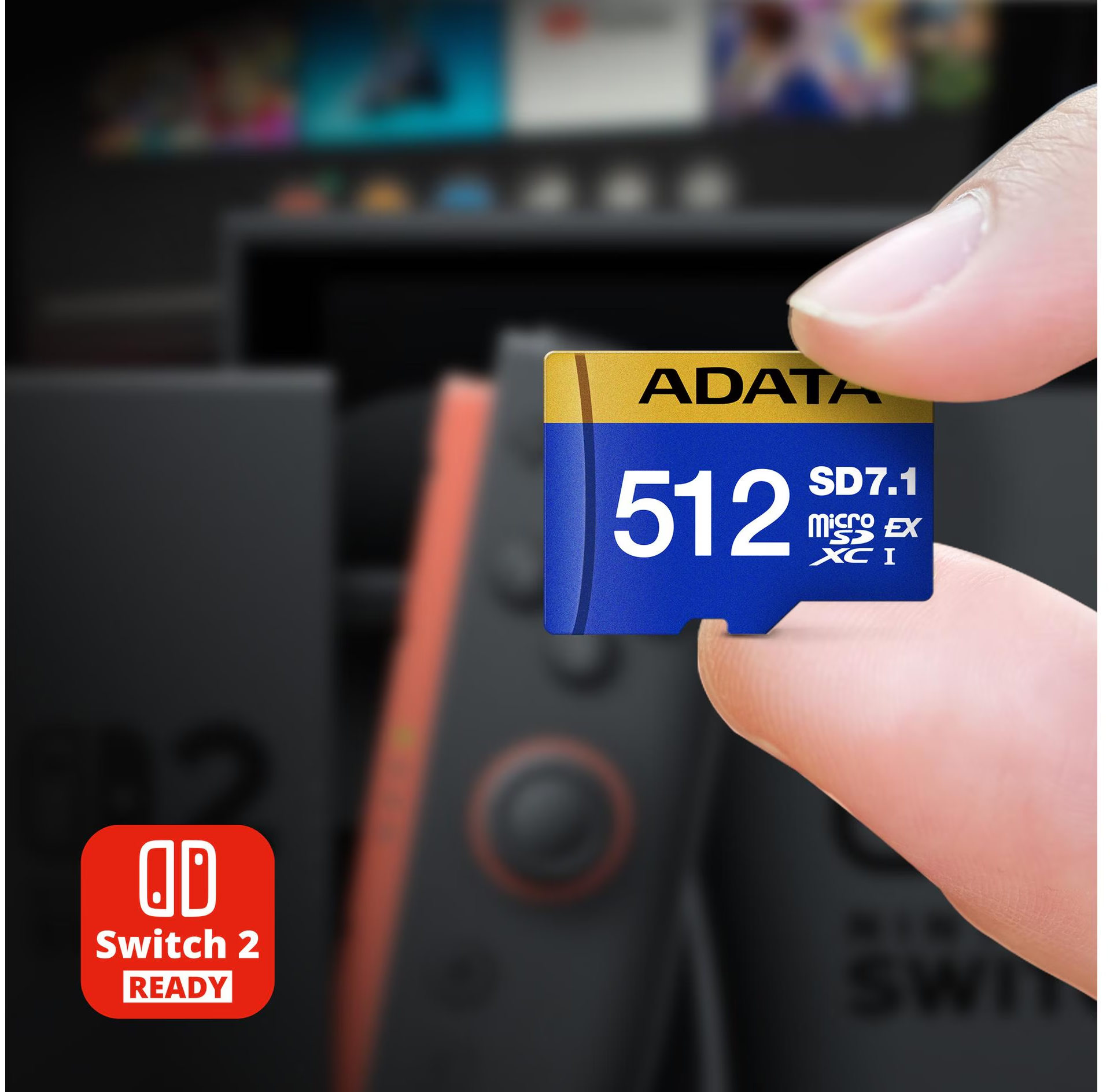 Une main tenant une carte SD bleue ADATA de 512 Go. Un logo rouge indique 'Switch 2 READY' en arrière-plan.