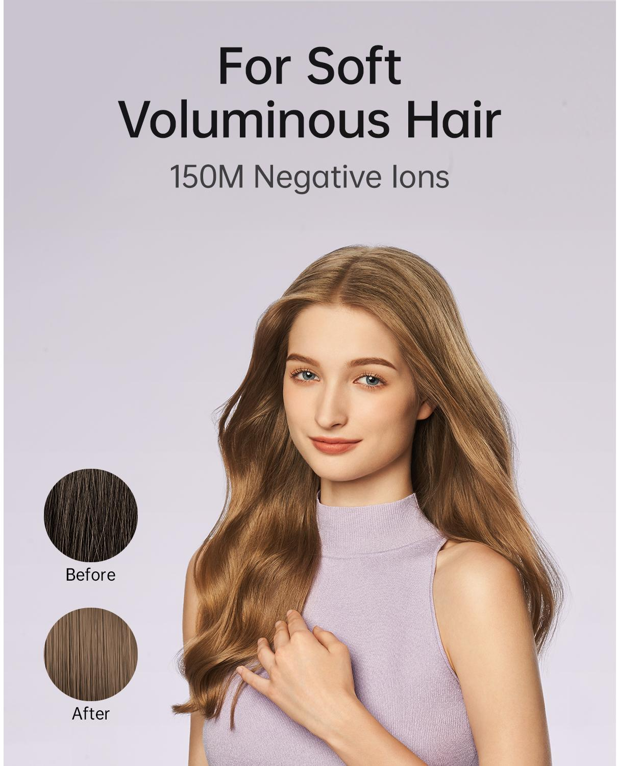 Frau mit fließendem Haar. Text: Für weiches, voluminöses Haar, 150M negative Ionen. Vorher/Nachher-Haarproben gezeigt.