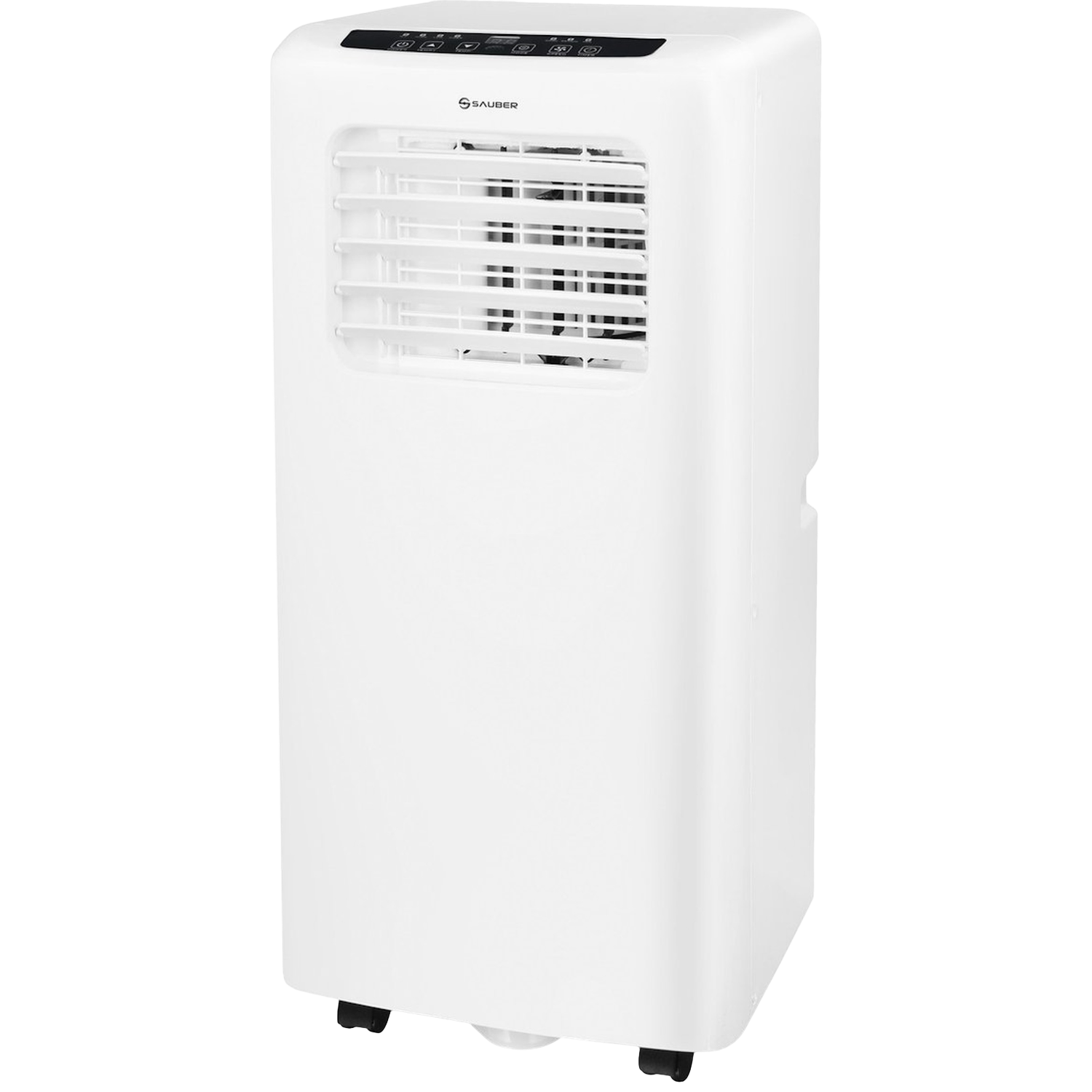 Climatiseur portable blanc. Il dispose d'un panneau de commande sur le dessus et d'une ventilation à l'avant. Il repose sur de petites roues noires.