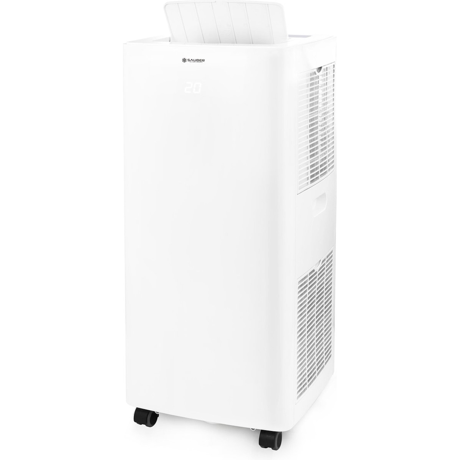 Un climatiseur portable blanc avec un affichage numérique indiquant '20'. Il possède une ventilation supérieure ouverte et des roulettes noires.