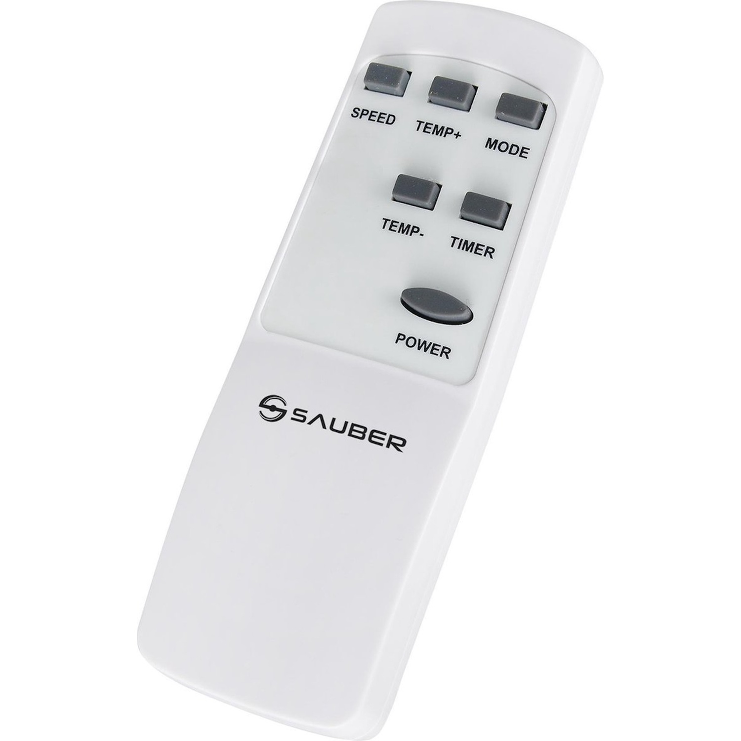 Une télécommande Sauber blanche. Elle a des boutons pour la vitesse, la température, le mode, la minuterie et l'alimentation. Le logo Sauber est en bas.