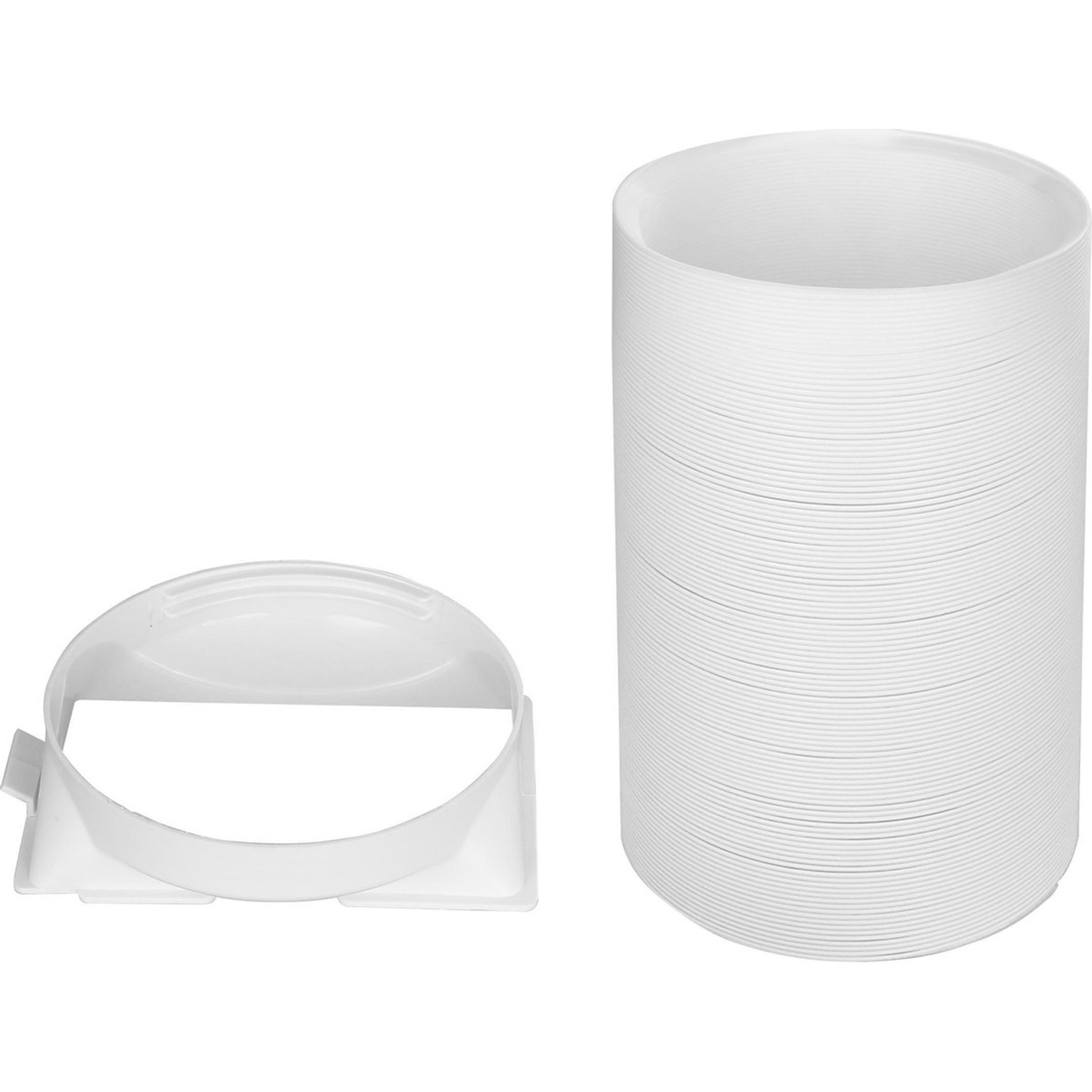 Deux pièces en plastique blanc sur fond blanc. L'une est un tube flexible, l'autre est une pièce de raccordement avec un dessus incurvé.