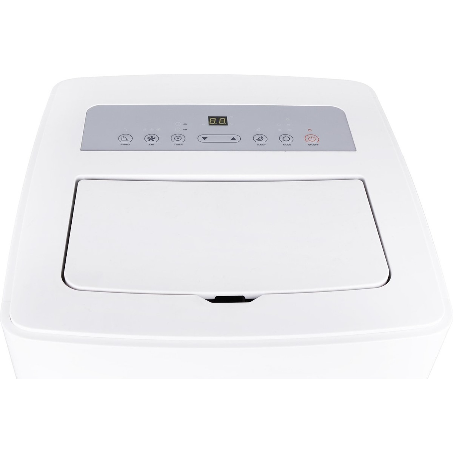 Climatiseur blanc avec panneau de contrôle. Boutons pour oscillation, ventilateur, minuterie, veille, mode et marche/arrêt. Affichage numérique.