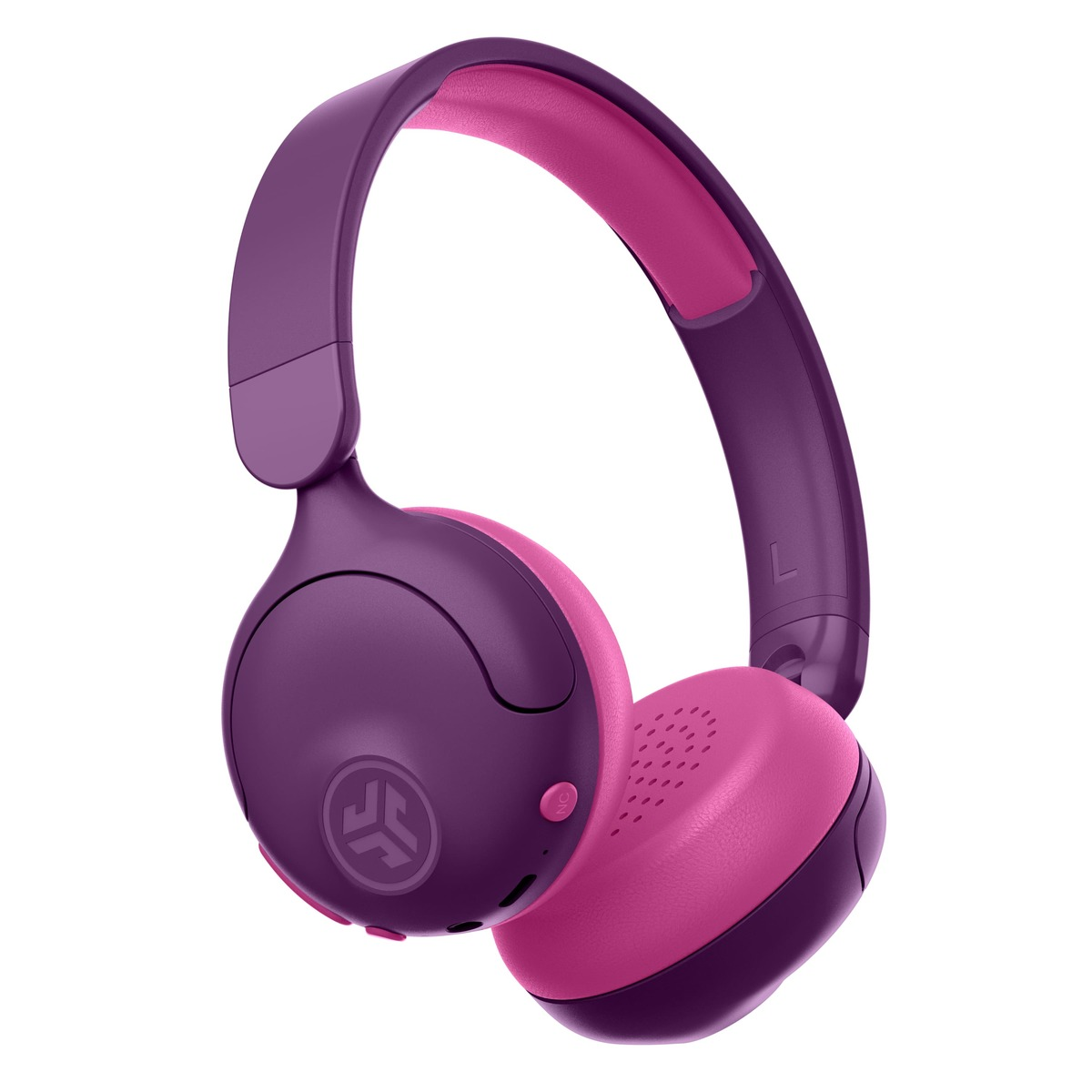 Drahtlose Kopfhörer in Lila und Rosa. Der Kopfbügel und die Ohrmuscheln sind lila mit rosa Akzenten. Die Kopfhörer sind vor weißem Hintergrund.