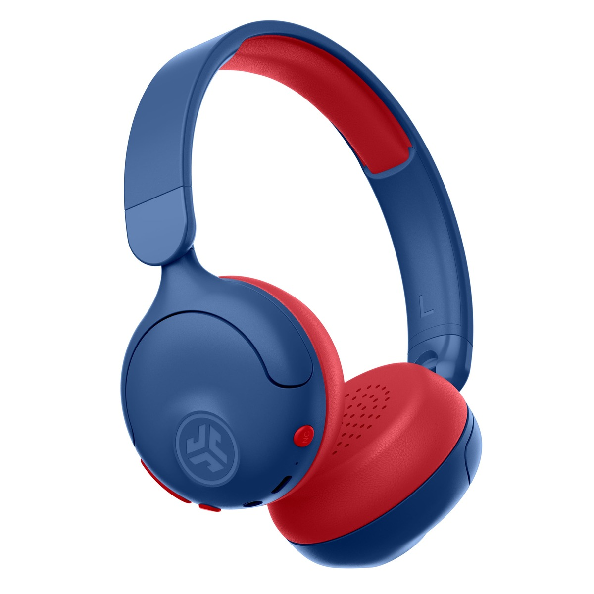 Blau-rote Kopfhörer, isoliert auf Weiß. Die Kopfhörer haben ein blaues Band und Ohrmuscheln mit roten Akzenten.