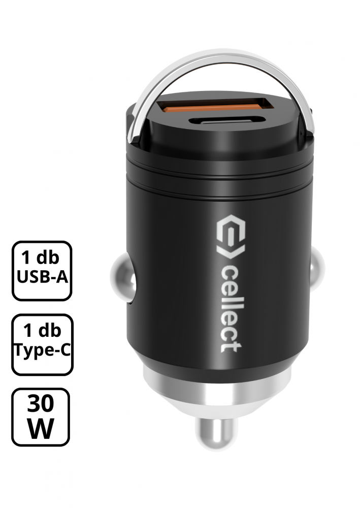 Fekete autós töltő ezüst fogantyúval és díszítéssel. USB-A, Type-C és 30W látható. A 'cellect' márkanév látható.