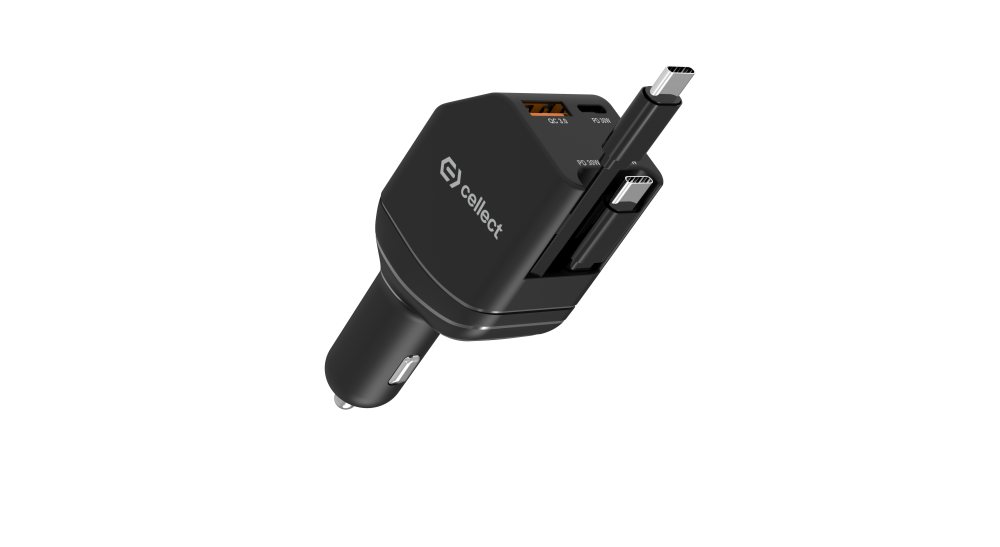 Fekete autós töltő több USB-porttal és C-típusú kábellel, a márka cellec. Fekete háttéren izolálva.