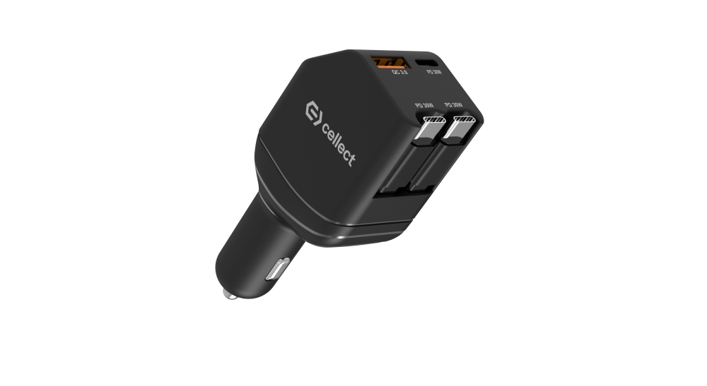 Fekete celllect autós töltő két USB-C porttal és egy USB porttal, fekete háttérrel izolálva.