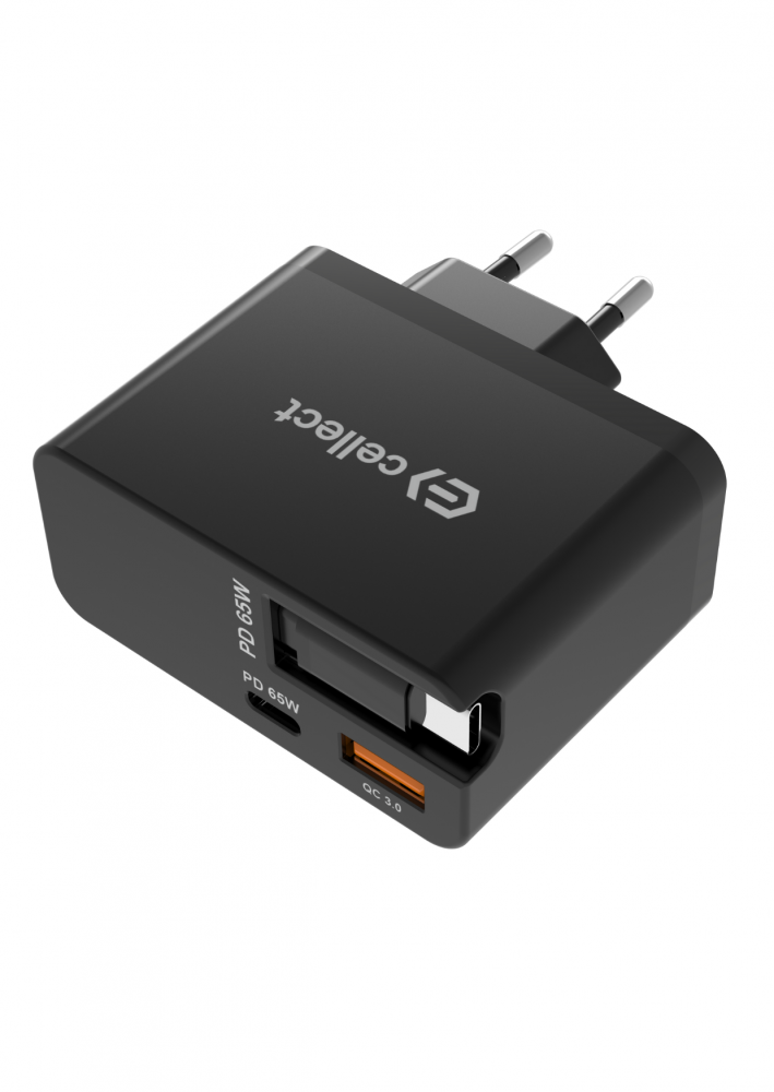 Fekete mobiltelefon-töltő két USB-porttal és csatlakozókkal. A töltőn a 'cellect' és a 'PD 65W' felirat látható.
