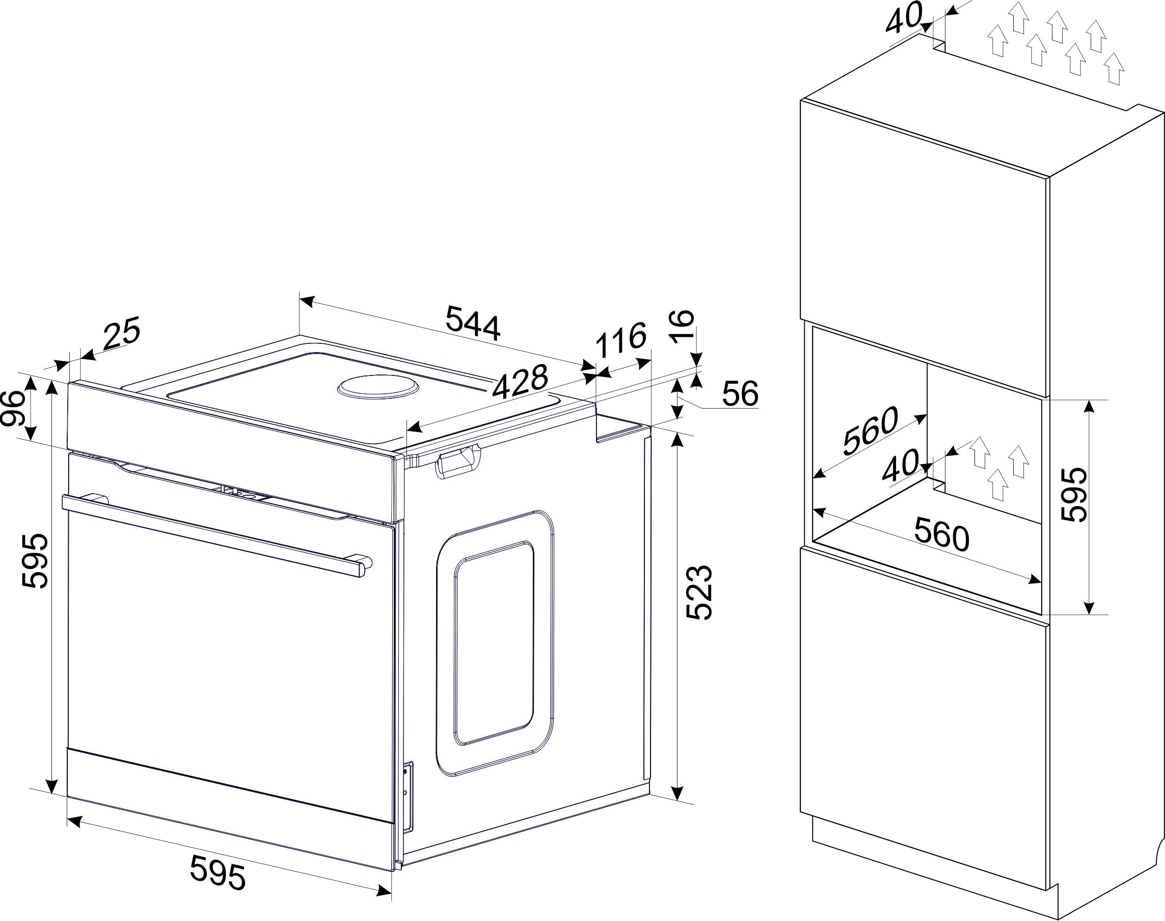 Diagram of an oven and a cabinet. Dimensions are labeled in millimeters. The oven has a handle and rectangular door.