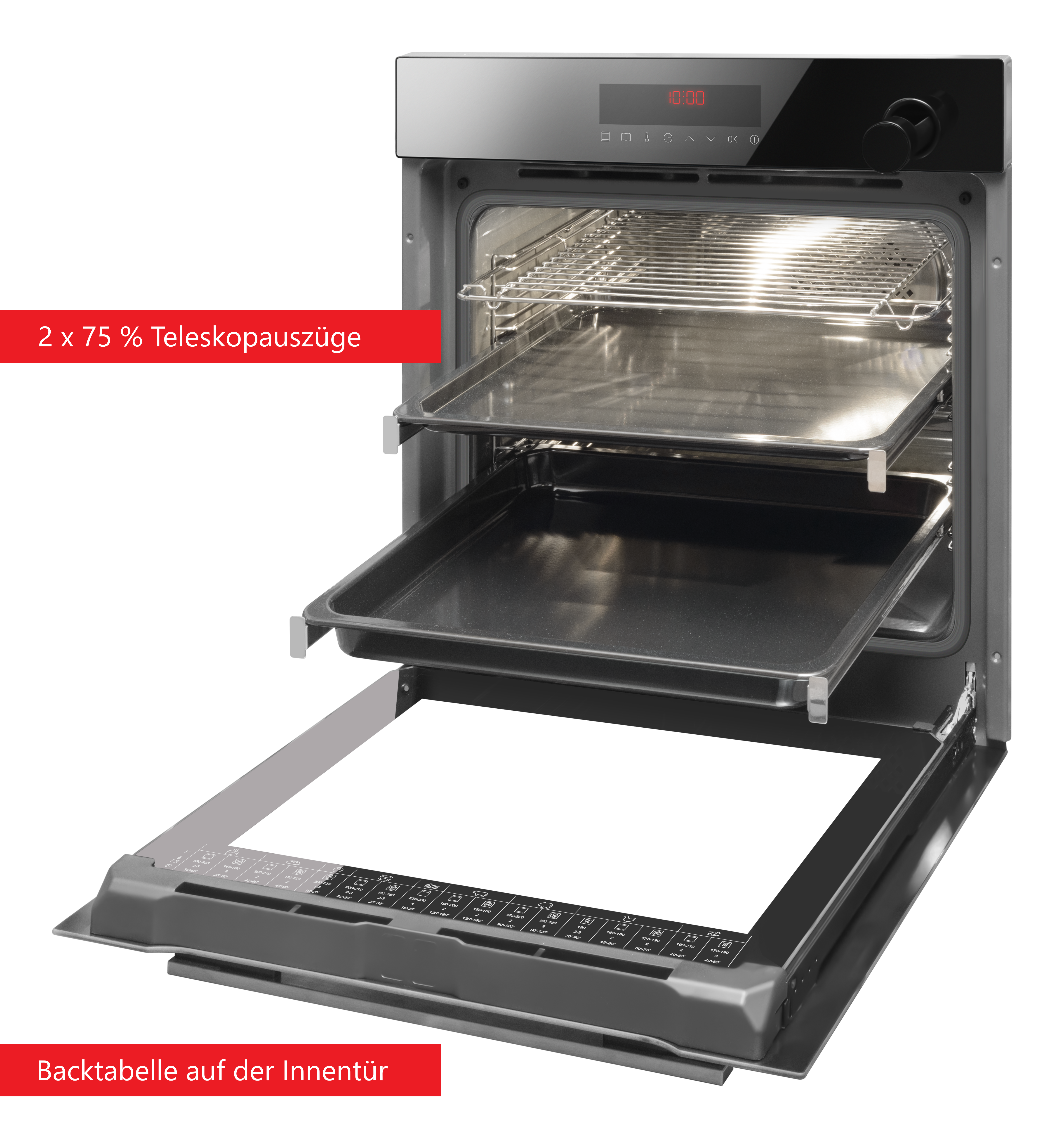 An open oven with trays, door open. Red labels indicate telescopic rails and a baking chart.