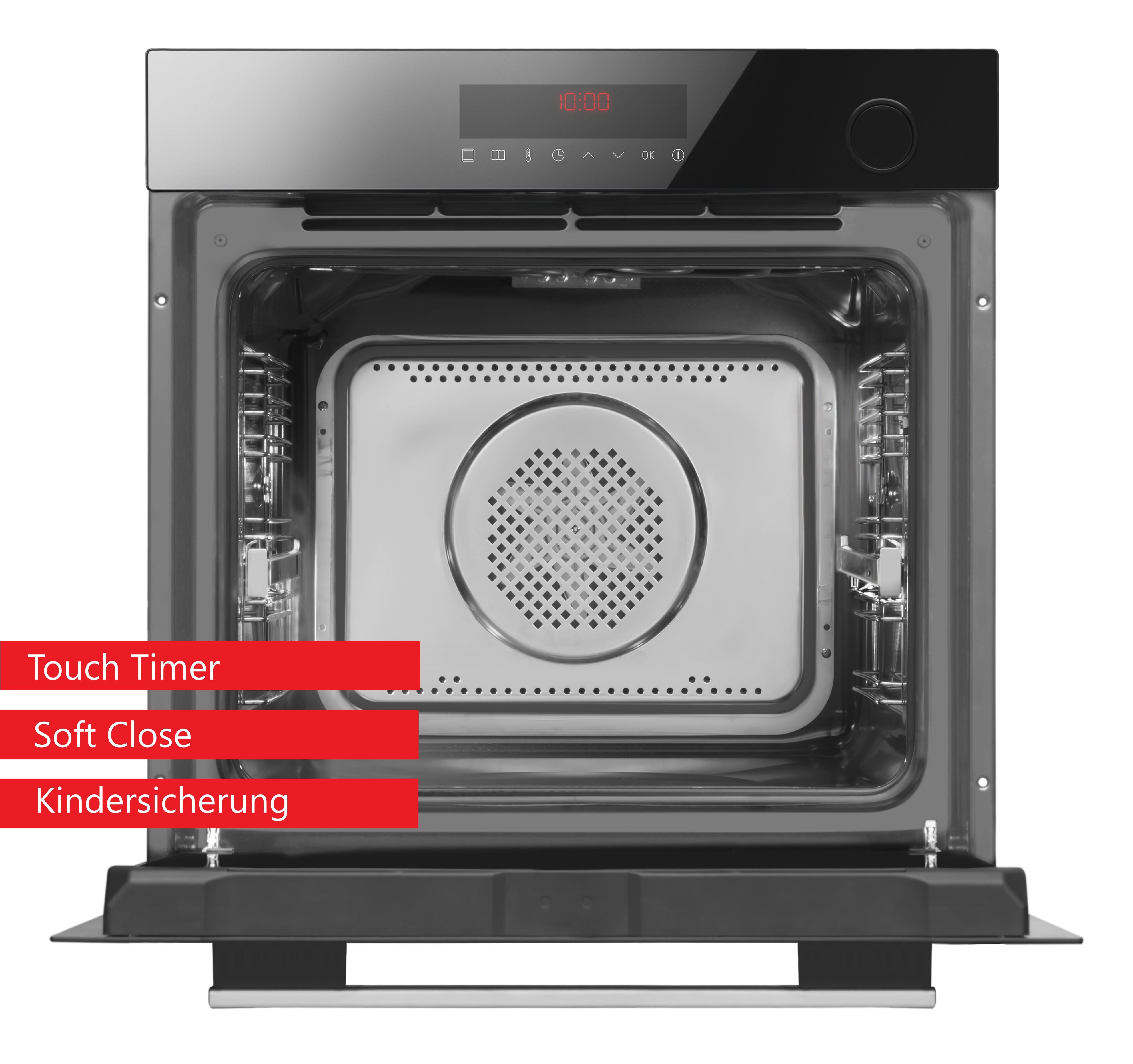 Open oven with timer display. Features: Touch Timer, Soft Close, and Kindersicherung. Interior is stainless steel, black exterior.