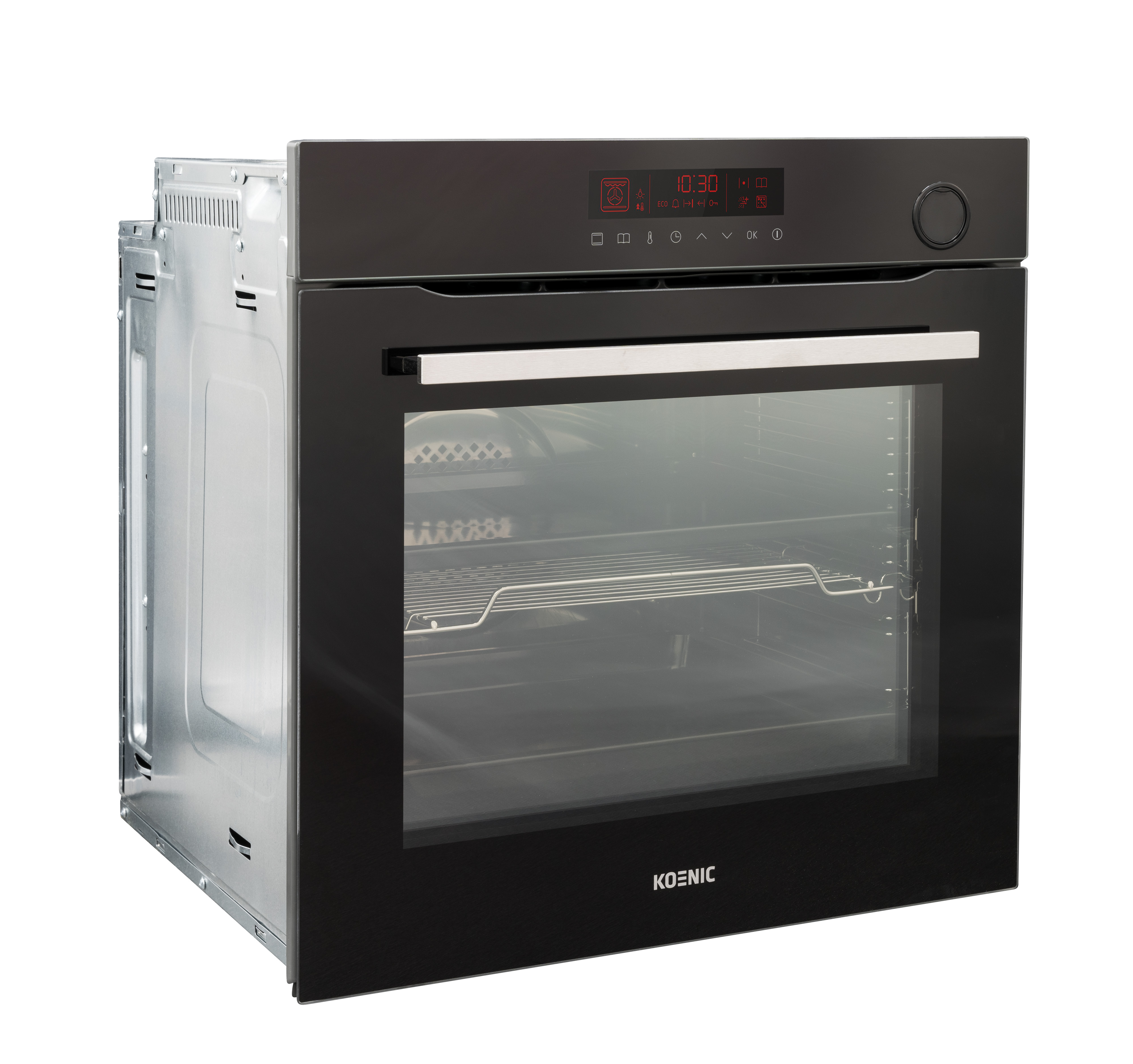 Black Koenic oven with a glass door, digital display, and a metallic interior. The time 10:30 is shown on the display.