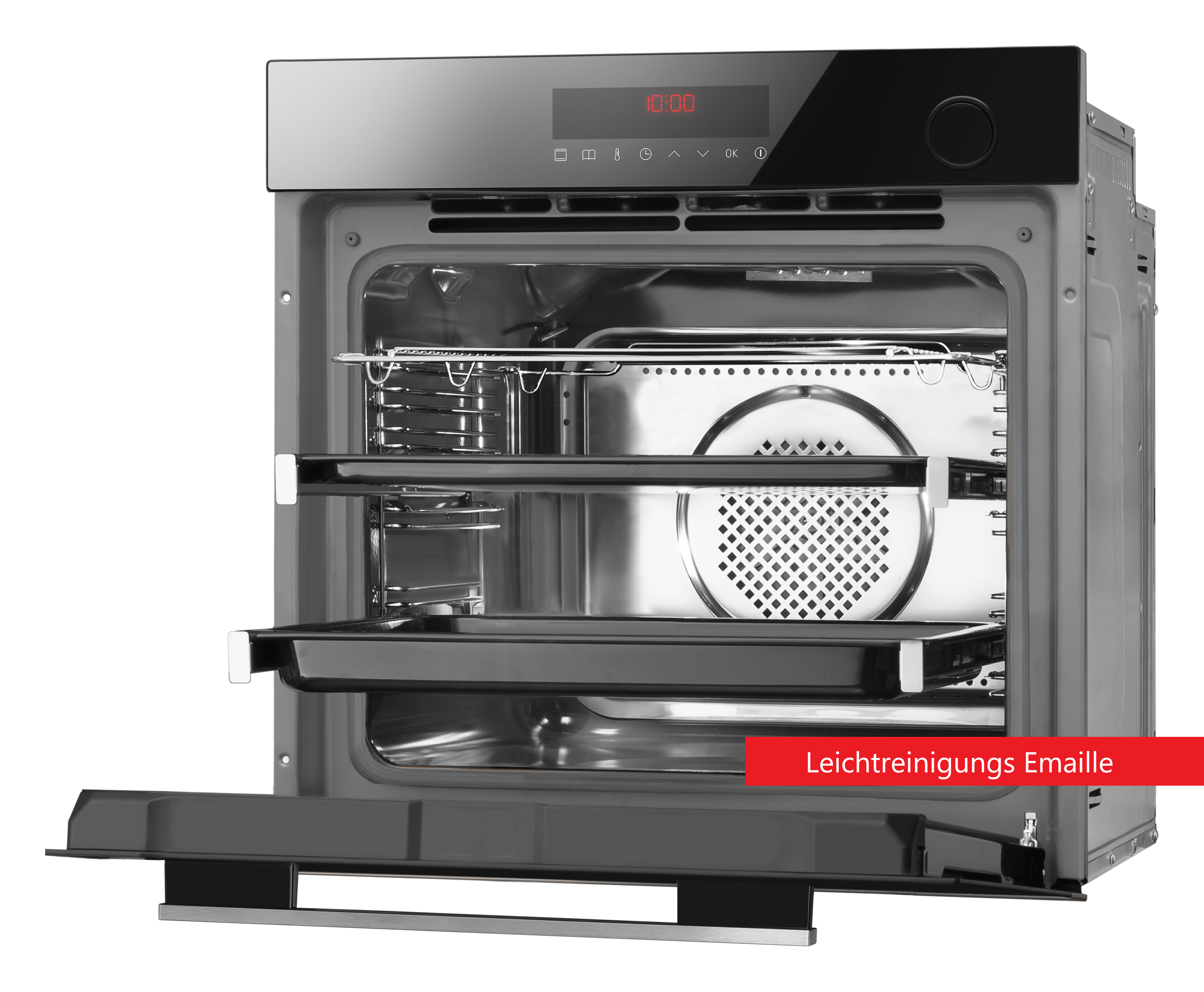 Open oven with interior racks and trays. Digital clock displays 10:00. Red text states 'Leichtreinigungs Emaille'.