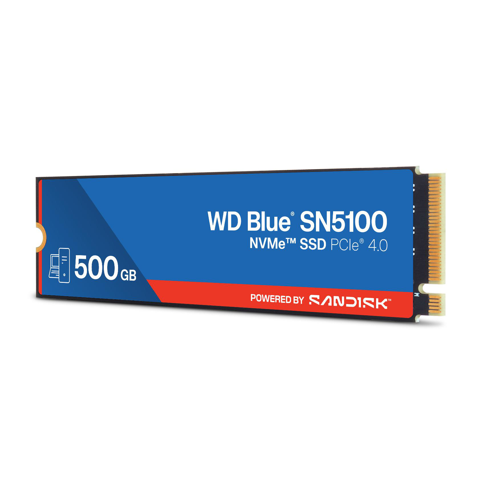 WD Blue SN5100 SSD mit 500 GB Kapazität. Blaue und rote Details auf weißem Hintergrund.