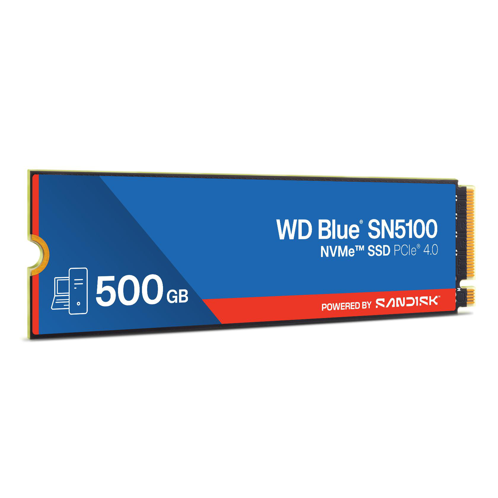 Eine WD Blue SN5100 NVMe SSD. Sie hat blaue und rote Akzente, mit '500GB' und 'Powered by Sandisk'.
