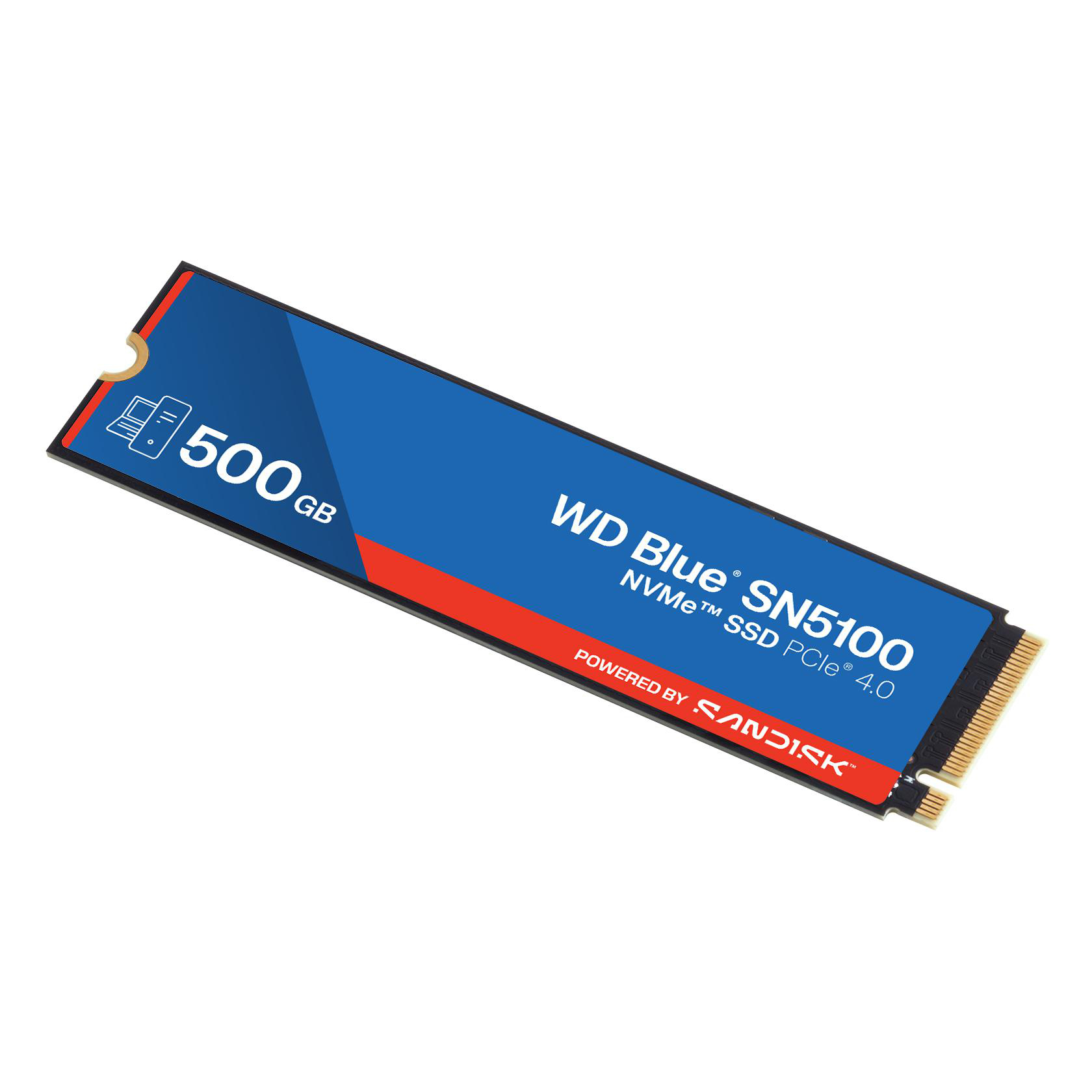 Eine NVMe-SSD, WD Blue SN5100, mit blauen und roten Akzenten. Sie hat das Sandisk-Logo und 500 GB Kapazität.