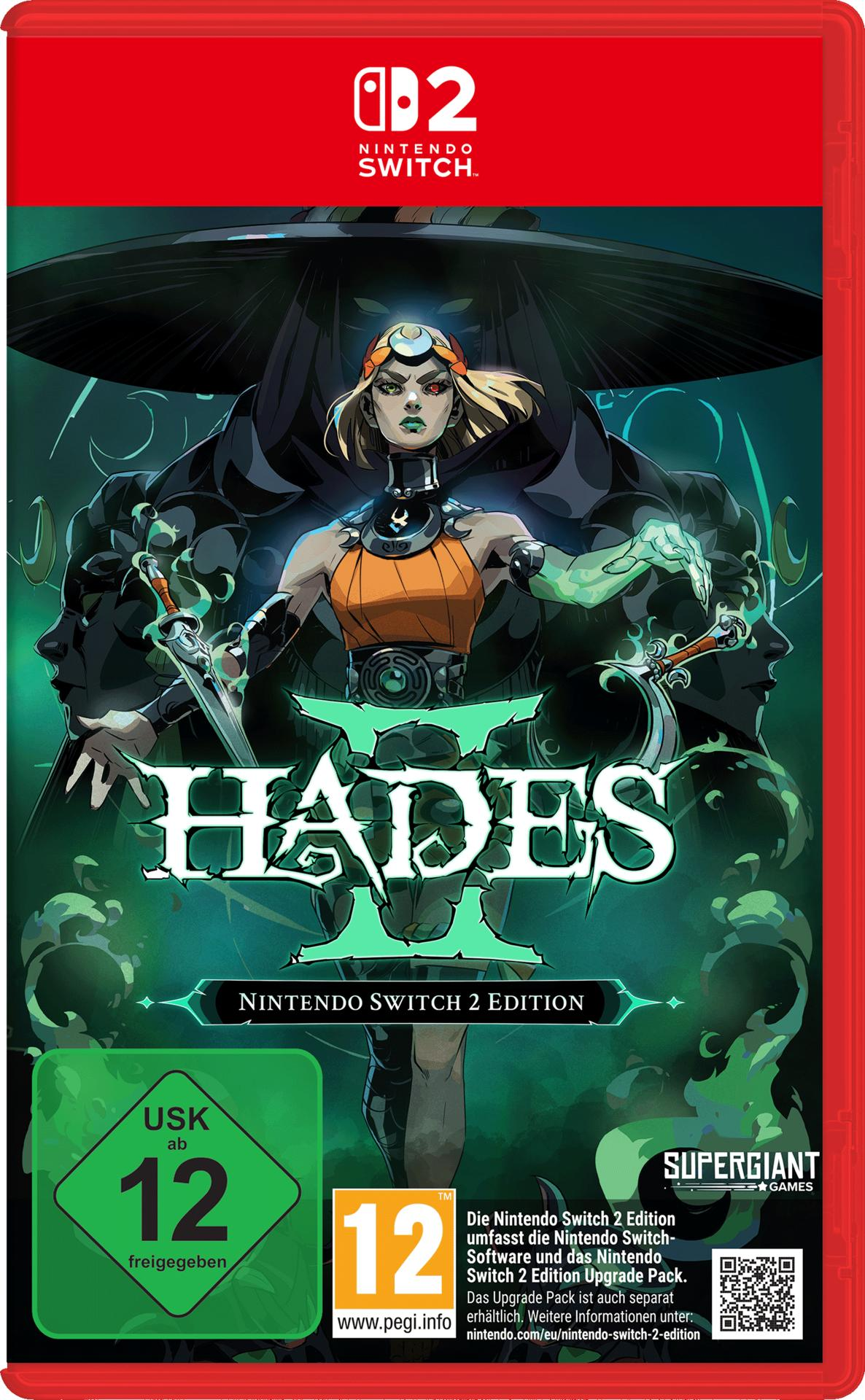 Hades II game cover. Een vrouw met groene huid houdt zwaarden vast. Tekst bevat "Hades II" en "Nintendo Switch 2 Edition".