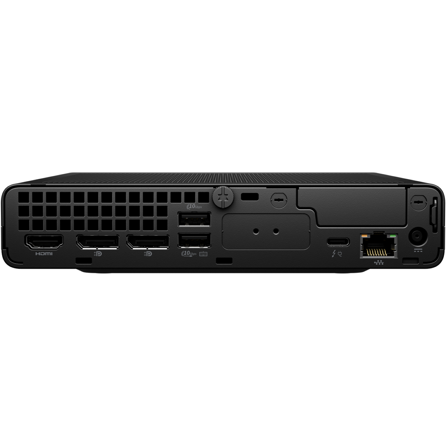 A black computer device with several ports. HDMI, USB, and Ethernet ports are visible. The device has a perforated top for ventilation.