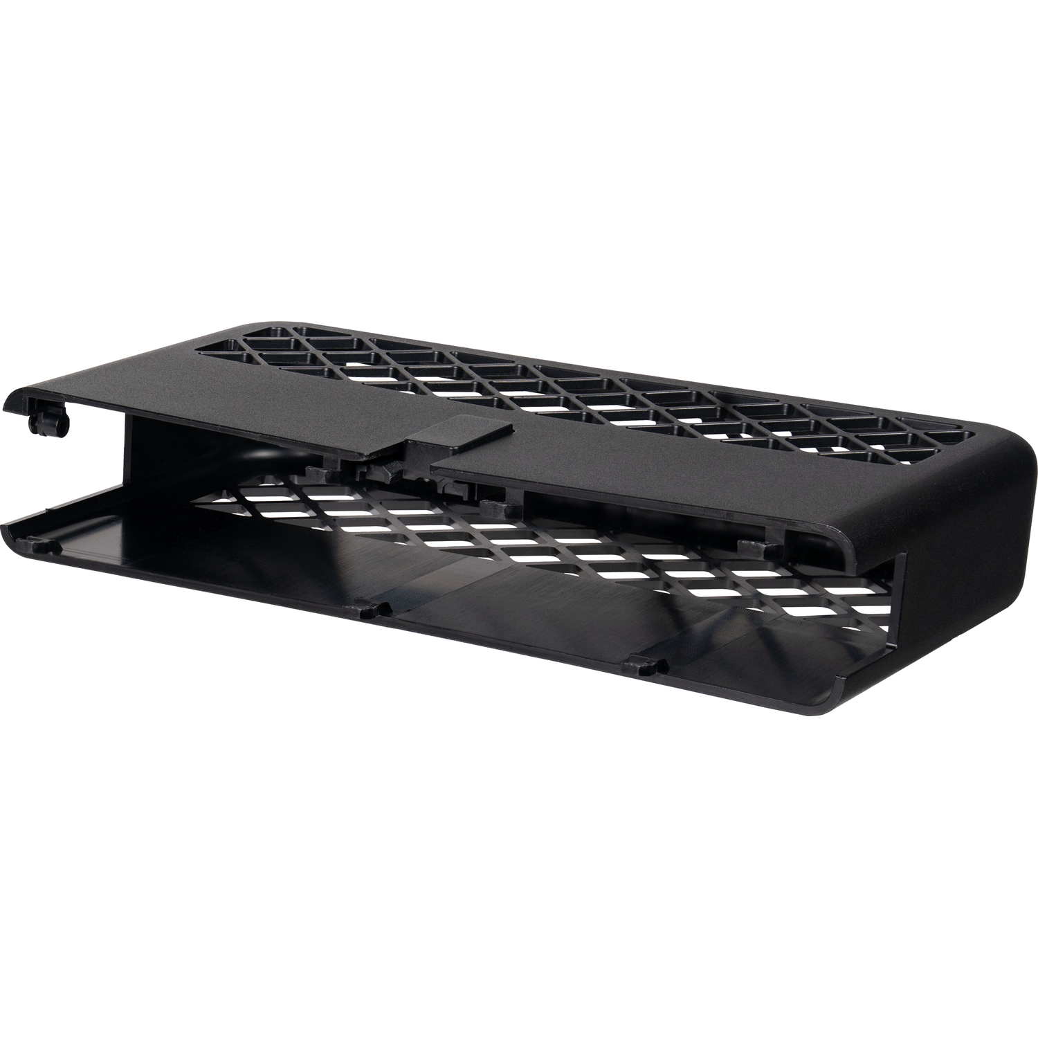 A black, rectangular plastic vent cover is open, showing a lattice design on top and bottom. White background.