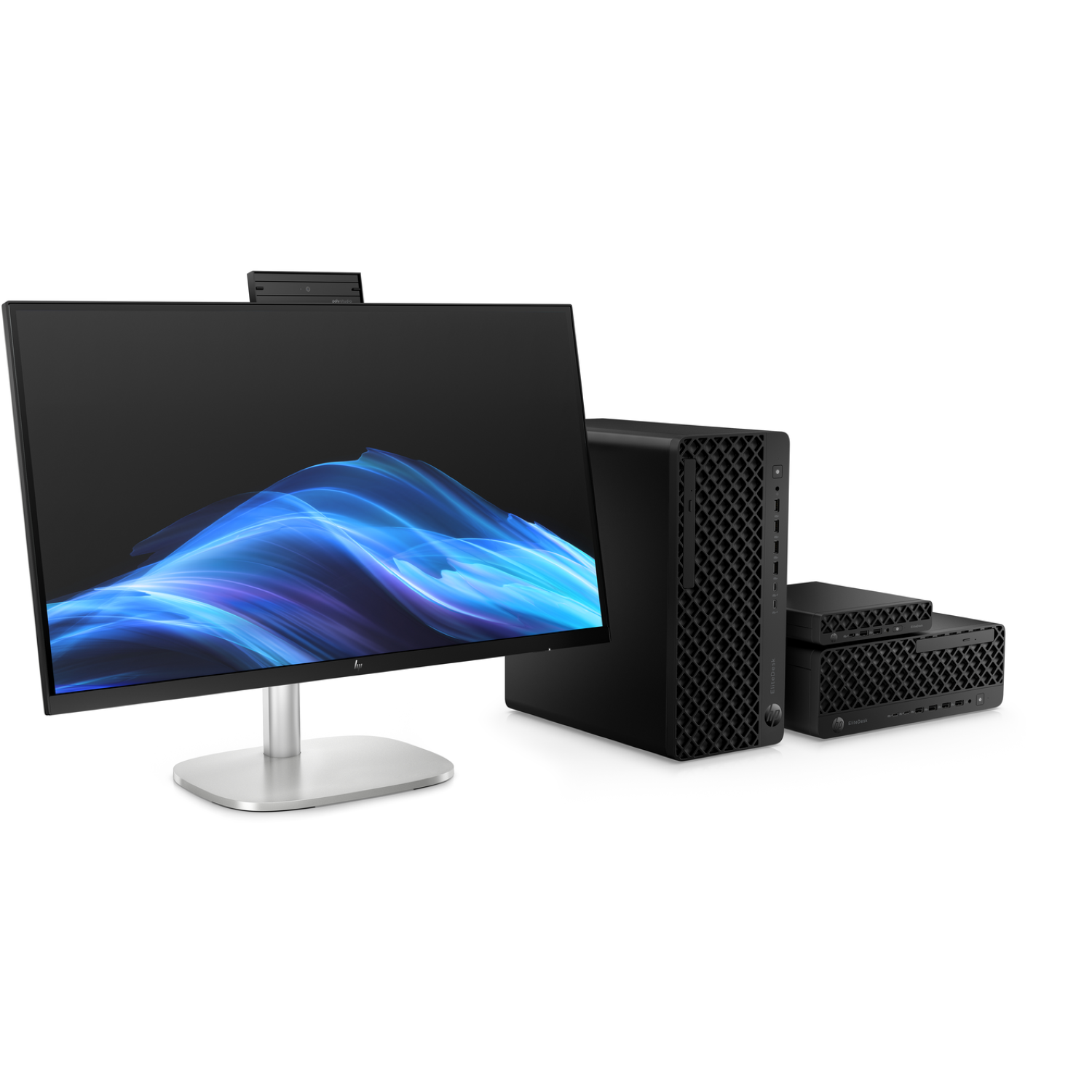 A computer setup with a monitor, webcam, and several black desktop computers against a white background.